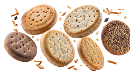 biscuits flying isolated on transparent png or white background.