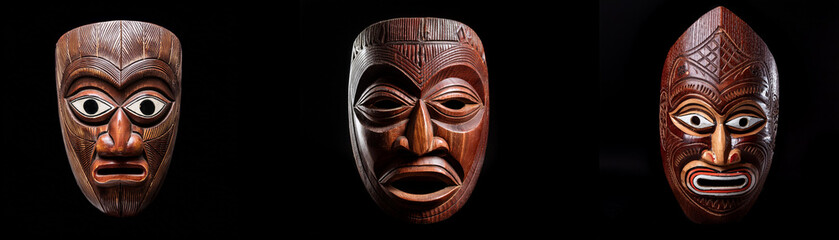 Three wooden masks with carved features against a black background.