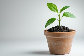 Small green plant growing in a terracotta pot with soil, isolated on a gentle grey background.