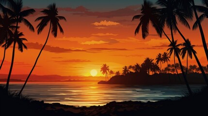 Sunset Over Tropical Beach with Palm Trees