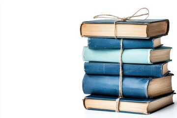 Stack of vintage books tied with a string, white isolate background.