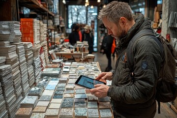 Man Comparing Tile Samples with a Tablet in a Store