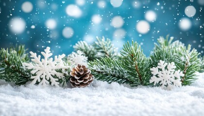 Snowy winter background with snowflakes and pine branches on a serene day