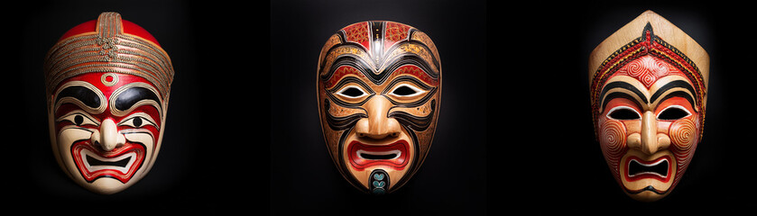 Three colorful wooden masks are isolated against a black background.
