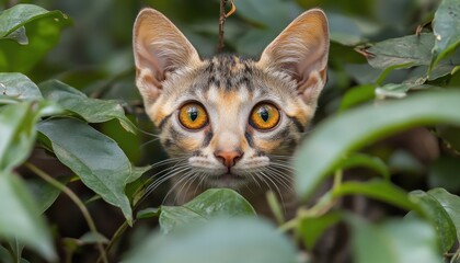 Fototapeta premium A curious cat hiding among lush green foliage in a tranquil garden setting