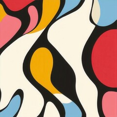Retro inspired abstract waves with thick black outlines create vibrant and dynamic composition. interplay of colors evokes sense of movement and energy