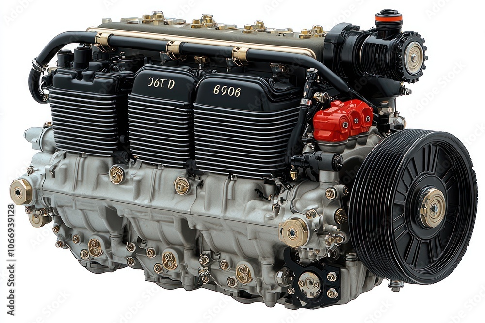 Poster a close-up view of a powerful, modern internal combustion engine