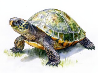 Fototapeta premium Detailed watercolor painting of a tortoise with a textured shell and natural colors, standing on grass, isolated on a white background.