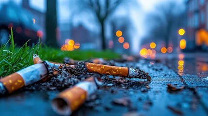The image shows multiple cigarette butts scattered across a wet urban sidewalk during a rainy day, highlighting themes of pollution and urban lifestyle.