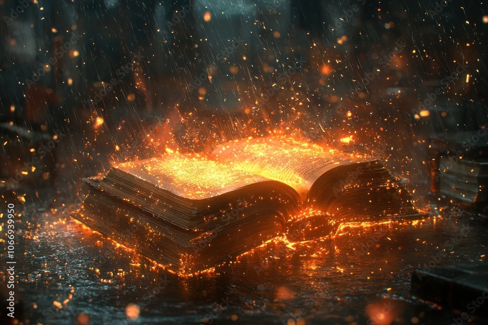 Poster an open book blazing with sparks and light in the rain