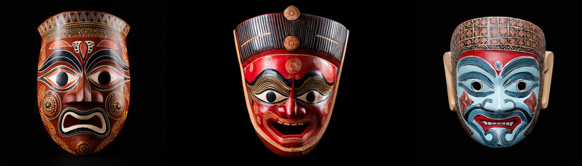 Three colorful masks, isolated on a black background.