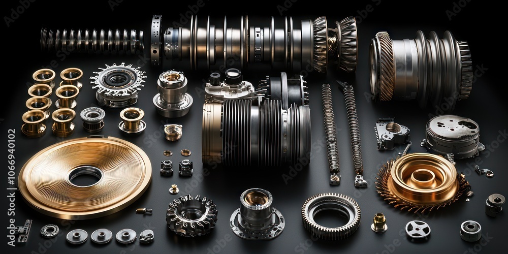 Poster disassembled jet engine components on a black surface