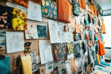 Fototapeta premium A vibrant workspace showcasing a collage of fabric swatches, sketches, and colorful designs, highlighting creativity in fashion or textile design.