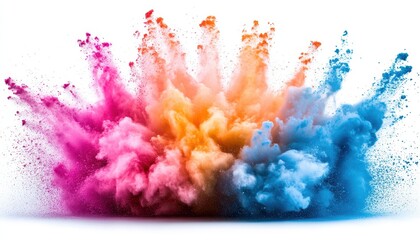 Colorful powder splashes burst in vibrant shades against a white background