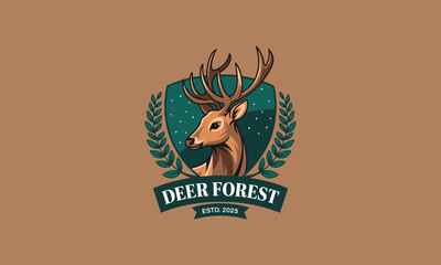 Fototapeta premium Deer forest logo with antlers and laurel wreath emblem