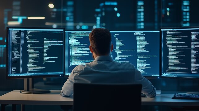A programmer works intently at multiple monitors in a dimly lit office during nighttime coding session