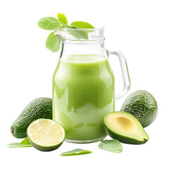 Fototapeta premium Jug of avocado juice with fresh fruits, showcasing its natural appeal, isolated on white background for vibrant display. cutout png