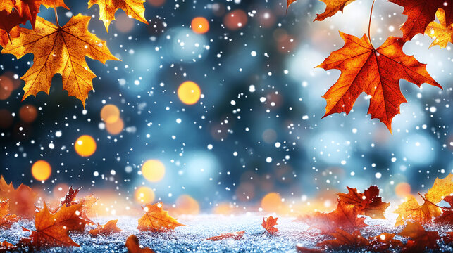 autumn smoothly turning into winter, first snow, blurred bokeh background, fall transition