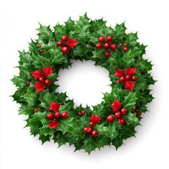 Festive holly wreath with red berries and bow on white background.