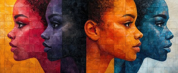 A vibrant and colorful collage of diverse faces, representing the diversity in Women's History Month. The background is filled with geometric patterns