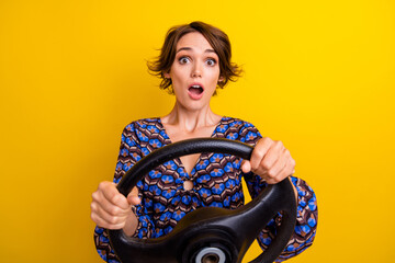 Photo of young lady amazed hold steering wheel turns incorrect side on road which led to the...