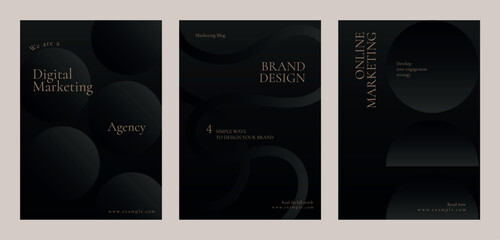 Elegant digital marketing agency templates. Dark theme for brand design, online marketing. Ideal for marketing blogs, enhancing brand identity. Black business vector template set.