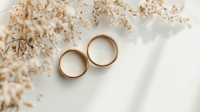 Top view of gold wedding rings on a white background. Abstract wedding composition. Copy space, flat stacking.