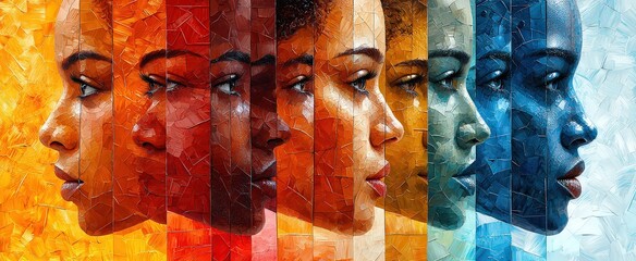 A vibrant and colorful collage of diverse faces, representing the diversity in Women's History Month, made with geometric shapes