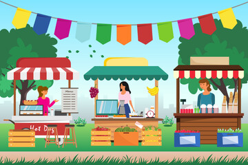 Outdoor market stalls. Local market or street fair. Vector illustration.