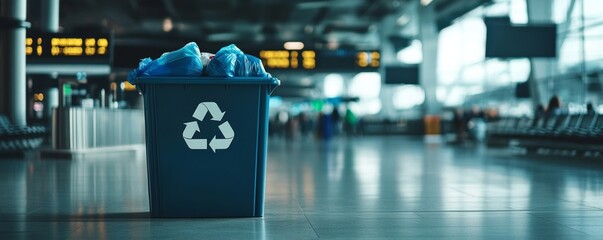 Recycling bin promoting sustainability in busy airport terminal