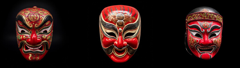 Three colorful theatrical masks with intricate designs isolated against a black background.