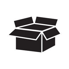Open box icon. Black cardboard shape. Empty container symbol. Vector element.
