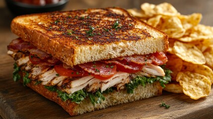 Toasted turkey club sandwich with crispy chips on wooden cutting board
