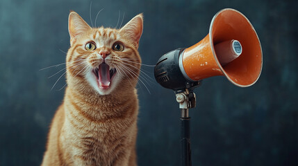 Lustige Katze brüllt ins Megafon: Witzige Werbung für Aktionen. Niedlicher Fellfreund als aufmerksamkeitsstarker Promoter. Virales Marketing-Potenzial