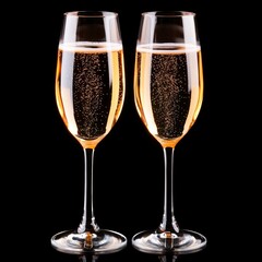 Two glasses of champagne with bubbles on a black background.