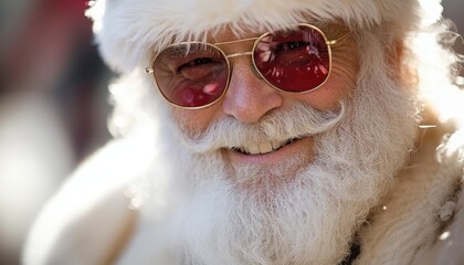 Santa Claus wearing red eyeglasses smiles warmly during a festive winter celebration