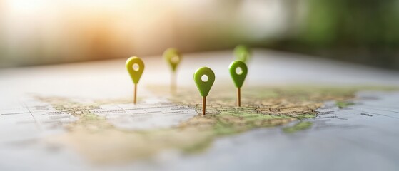 A close-up view of a map featuring multiple green location pins, highlighting places of interest in a natural setting with soft sunlight in the background.