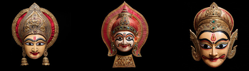 Three intricately carved masks with ornate headdresses are isolated against a black background.