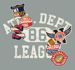 College athletic department patches patchwork vintage vector artwork for boy kid children sport wear shirt sweatshirt bomber jacket print embroidery