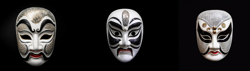 Three masks with intricate designs are isolated against a black background.