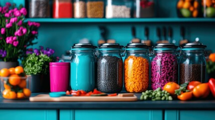 Collection of colorful jars filled with various ingredients and spices arranged in a bright kitchen setting, exuding creativity and culinary inspiration.
