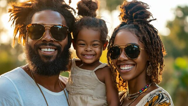 Happy family portrait of parents and child smiling outdoors, warmth and bonding in natural sunlight. Family togetherness, joyful parenting, and lifestyle for love, connection, and memorable moments
