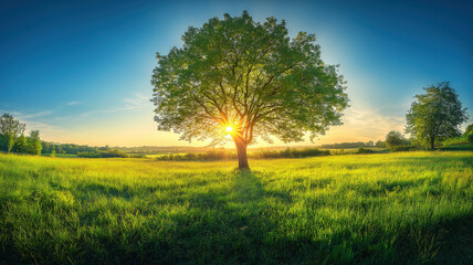 Idyllic rural panorama with sunlight shining through a tree on a fresh green meadow