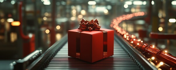 Red gift box moving on conveyor belt in factory for christmas