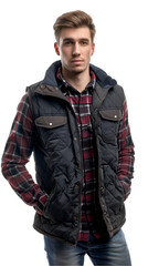 Fototapeta premium Fashion model in a quilted winter vest, isolated on white background
