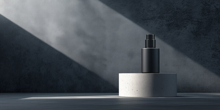 Dark minimalist bottle on concrete pedestal with dramatic lighting, highlighting luxury and elegance in product design