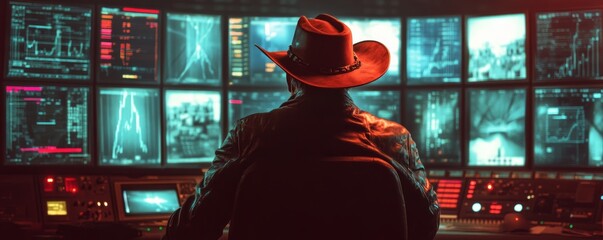 Mysterious hacker in cowboy hat monitoring multiple screens in dark room