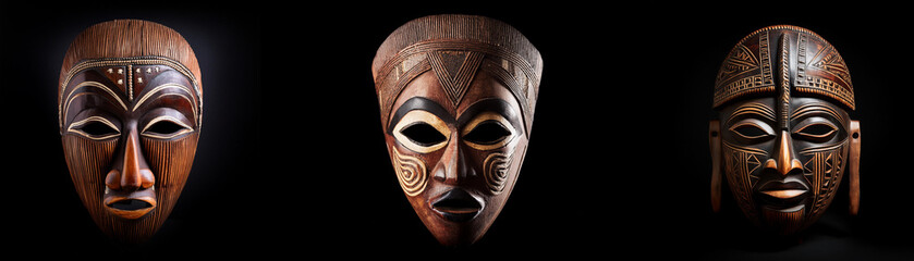 Three wooden masks, isolated against a black background.