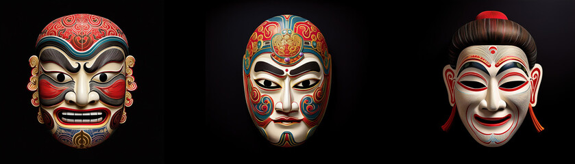 Three colorful masks with various expressions are isolated on a black background.