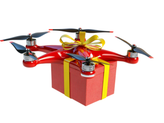a red drone with yellow ribbon and a bow
